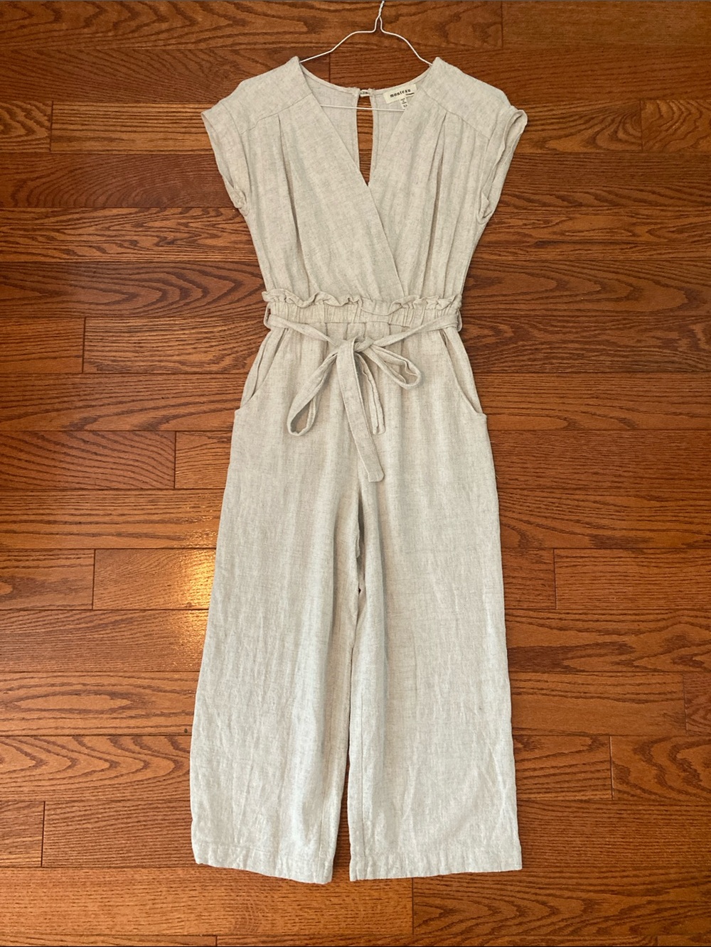 Monteau Light Greige Linen-Feel Wide-Leg Jumpsuit with Tie Waist